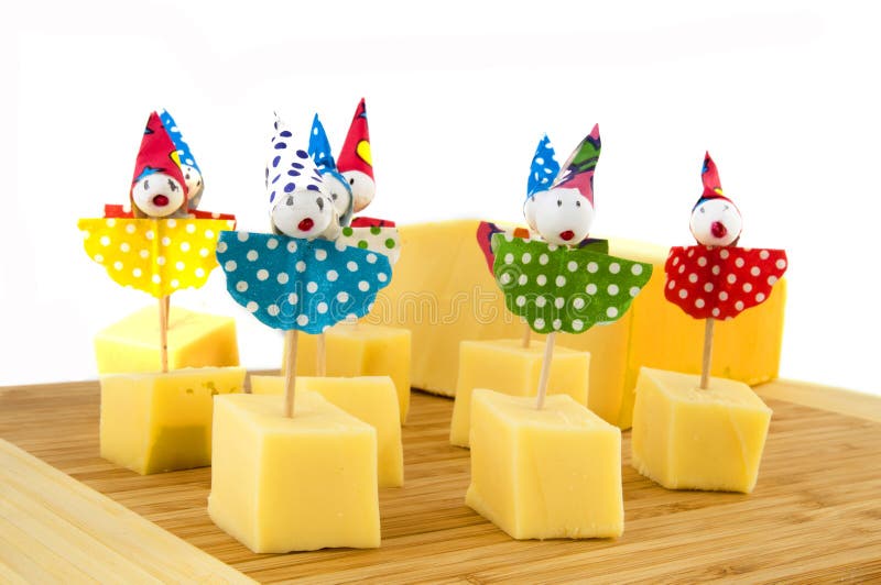 Cheese cubes from Holland with clowns for a child party. Cheese cubes from Holland with clowns for a child party