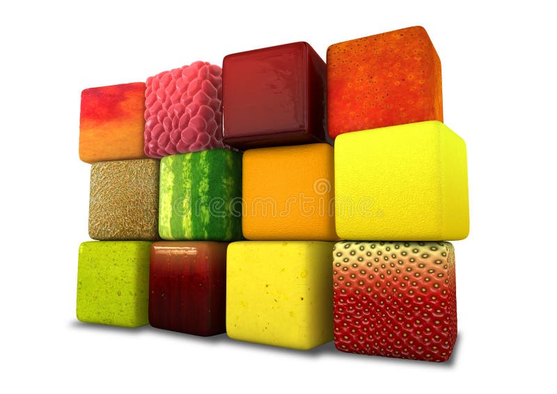 A wall of twelve perfect cubes with textures of twelve different real fruits on an background. A wall of twelve perfect cubes with textures of twelve different real fruits on an background