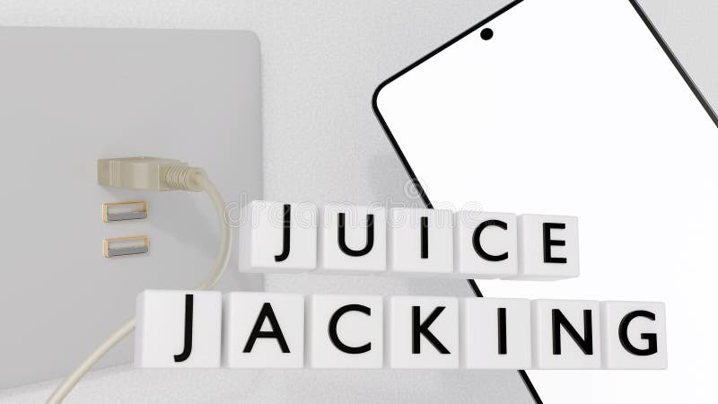 Cubes labeled \'juice jacking\' and a smartphone connected to a charging cable. stock illustration