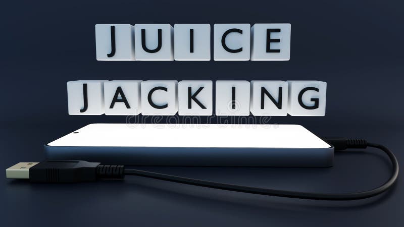 Cubes labeled \'juice jacking\' and a smartphone connected to a charging cable. stock illustration