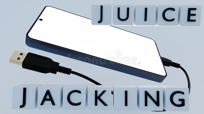 Cubes labeled \'juice jacking\' and a smartphone connected to a charging cable. royalty free illustration
