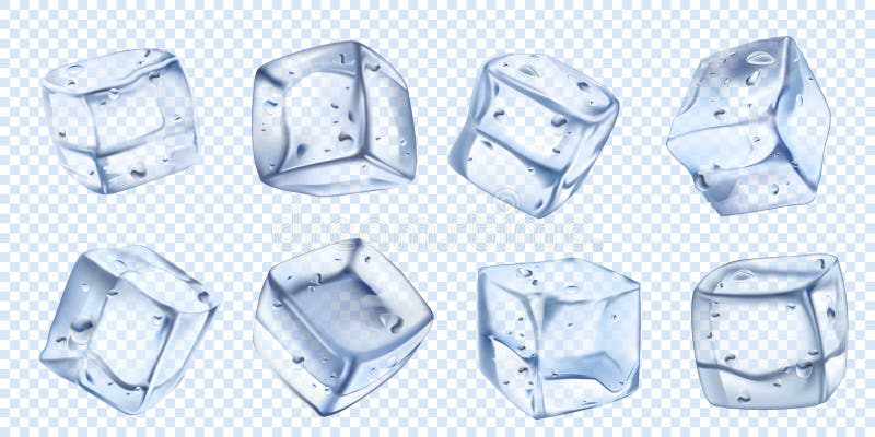 Cubetto di ghiaccio realistico Cubi dell'acqua ghiacciata per il cocktail fresco Insieme dell'illustrazione isolato vettore dell'