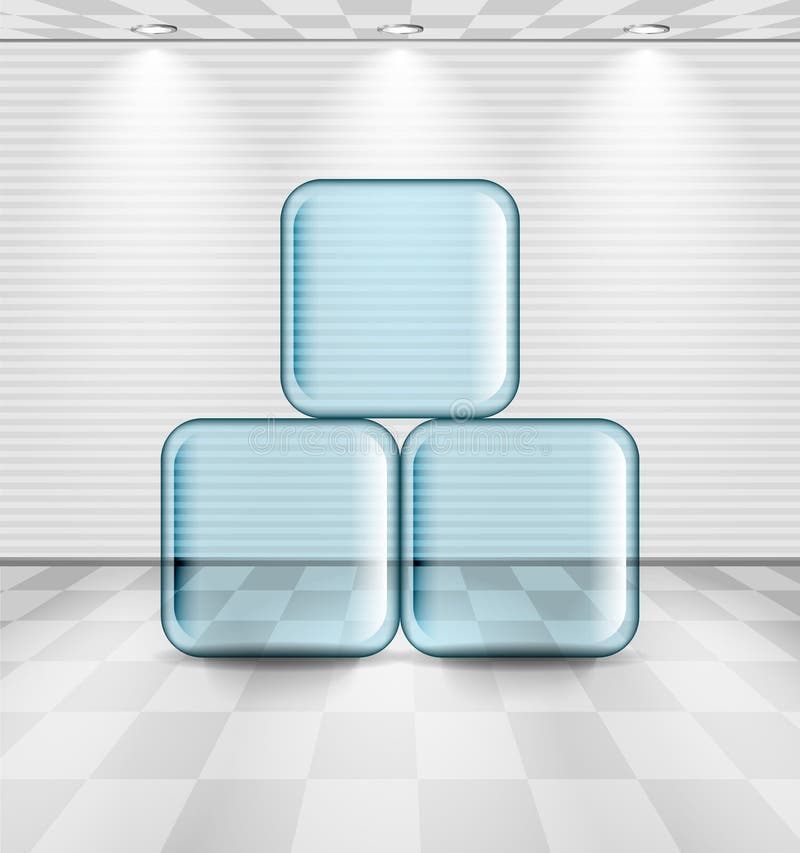 Cubi di vetro in una stanza grigia illustrazione di stock Cubi di vetro in una stanza grigia illustrazione di stock