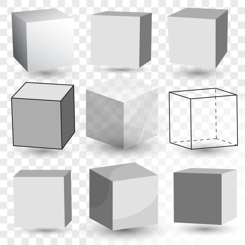 Cubi l'insieme realistico, il modello trasparente del blocco di vetro, scatola di cartone di carta Vettore