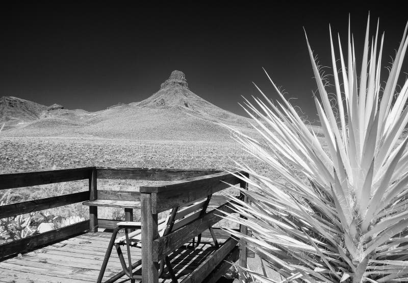 Deck with a view along historic Route 66 in the Black Mountains of western Arizona, infrared. Deck with a view along historic Route 66 in the Black Mountains of western Arizona, infrared