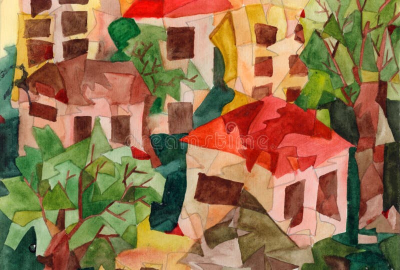 Acquerello il dipinto Cubista stile, rappresentante stilizzato case.