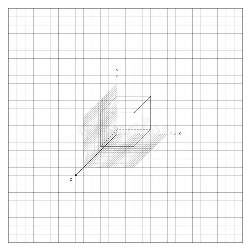 Cubo costruito su una griglia di coordinate isometriche illustrazione di stock