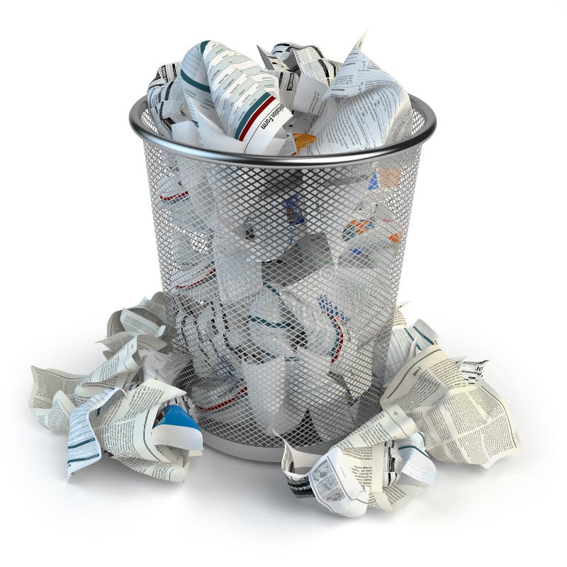 Cubo de la basura por completo de papel usado Cesto de los papeles aislado en whi stock de ilustración