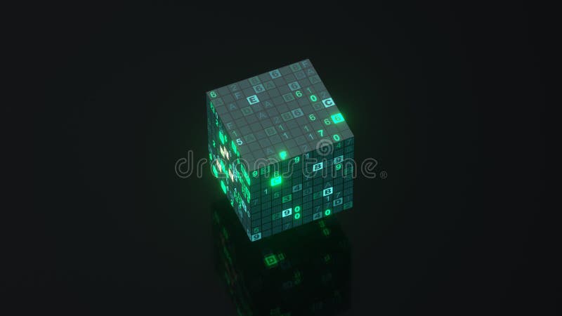 Cubo de tecnología digital con representación hexcode 3d