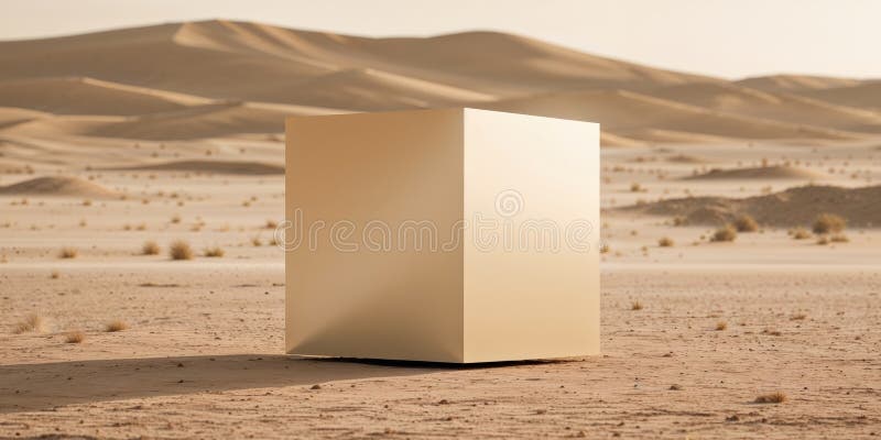 Cubo galleggiante in un paesaggio desertico. fotografia stock