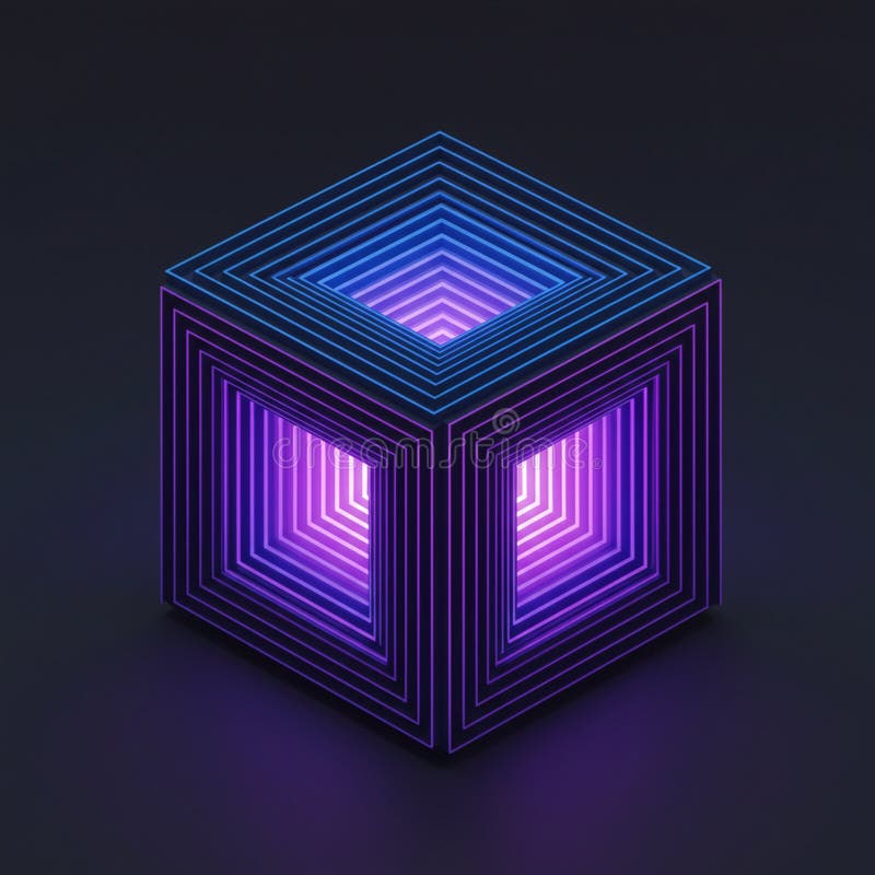 Cubo geometrico costituito da quadratini concentrici con luci di colore viola e blu luminose. illustrazione vettoriale