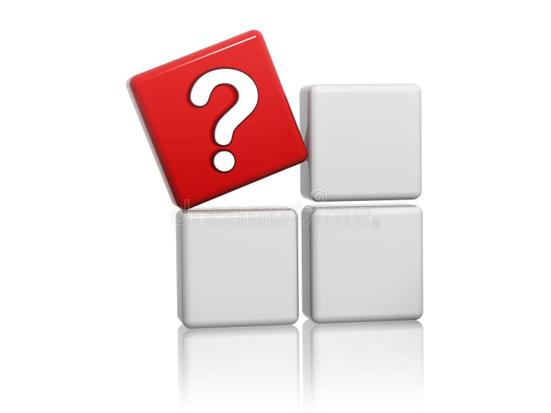 3d red cube with question-mark sign on grey boxes. 3d red cube with question-mark sign on grey boxes