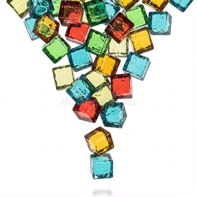 Cubos de vidrio coloridos cayendo, aislados sobre un fondo blanco stock de ilustración
