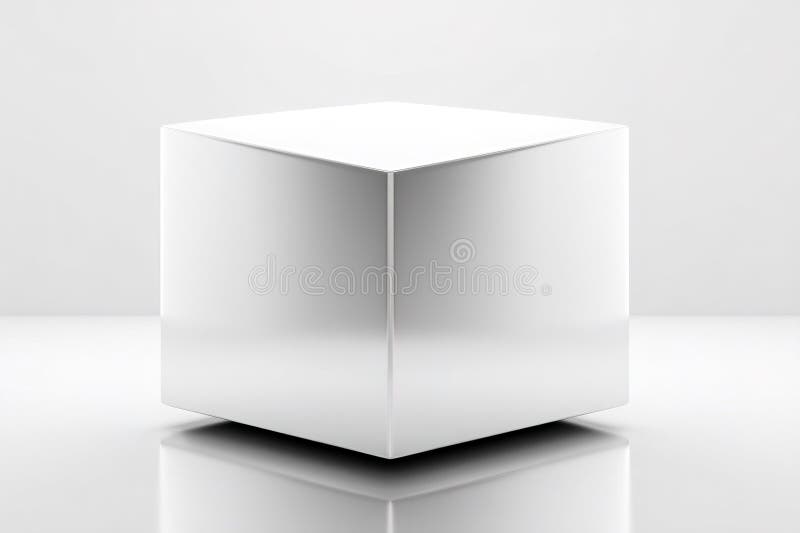 Cubul alb minimalist pe suprafața lucioasă în spațiul interior contemporan cu fundal neutru royalty free stock images