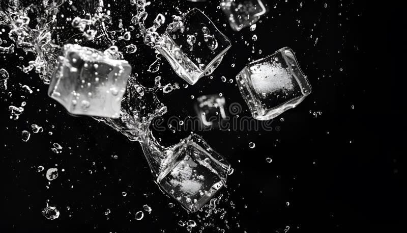 Cuburi de gheață, cristale, limpezi, cu picături de apă pe fond negru stock images