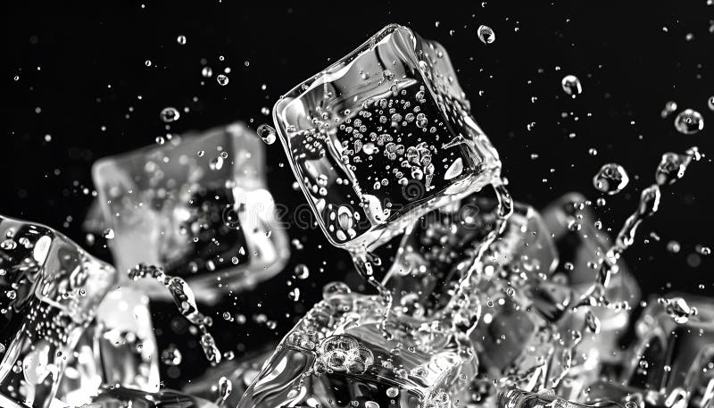 Cuburi de gheață, cristale, limpezi, cu picături de apă pe fond negru royalty free stock image