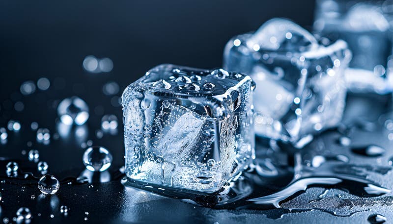 Cuburi de gheață, cristale, limpezi, cu picături de apă pe fond negru stock images