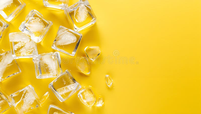 Cuburi de gheață foarte clare pe fond galben pentru text stock photo