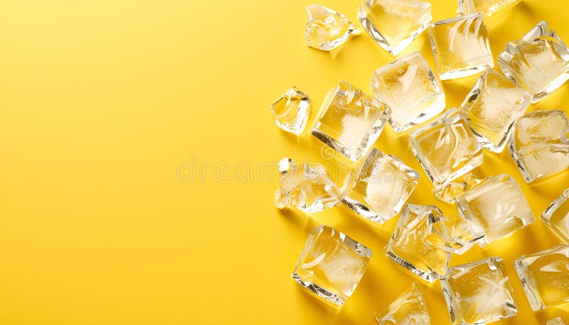 Cuburi de gheață foarte clare pe fond galben pentru text stock photography