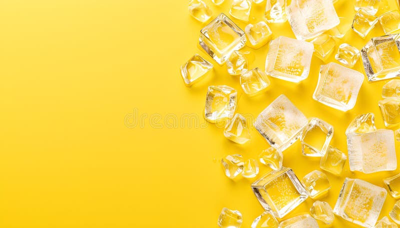 Cuburi de gheață foarte clare pe fond galben pentru text royalty free stock photo