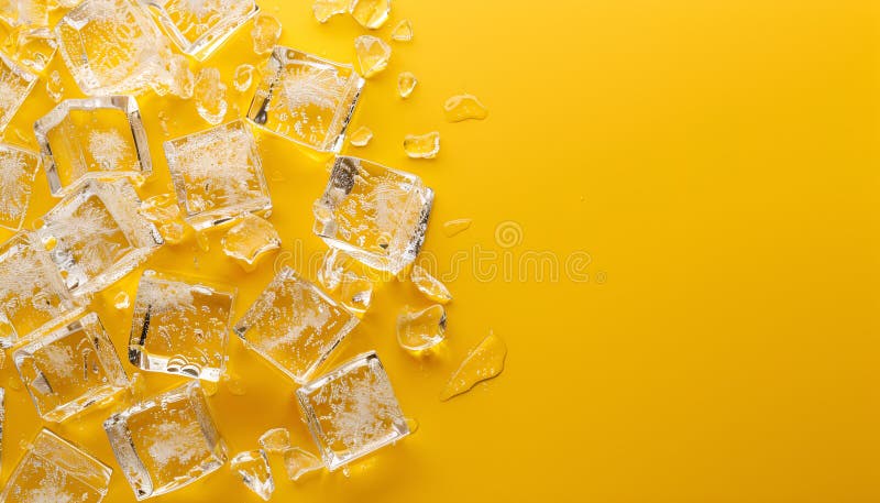 Cuburi de gheață foarte clare pe fond galben pentru text stock images