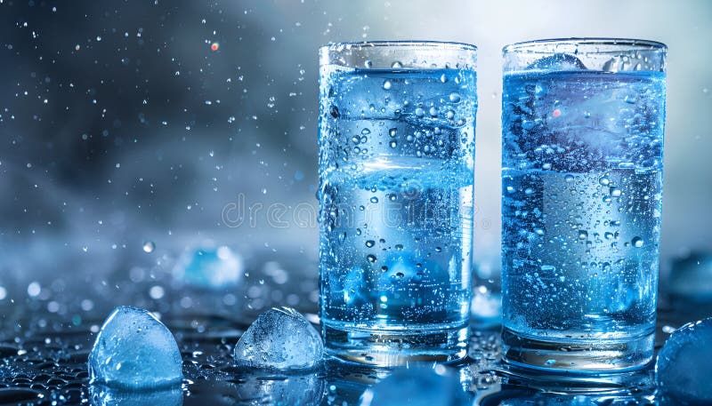 Cuburi de gheață într-un pahar cu apă limpede din cristal pe fond albastru. reîmprospătare și apă sănătoasă în zile fierbinți stock illustration