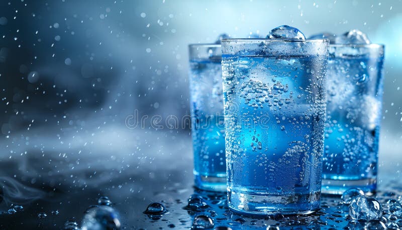 Cuburi de gheață într-un pahar cu apă limpede din cristal pe fond albastru. reîmprospătare și apă sănătoasă în zile fierbinți vector illustration