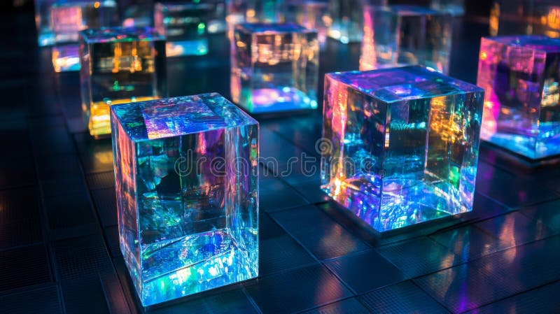 Cuburi de sticlă colorate iluminate pe suprafață întunecată stock illustration