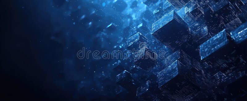 Cuburi digitale albastre abstracte subacvatice cu particule spumante și efecte luminoase într-un mediu futurist stock illustration