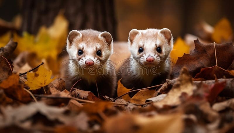 Cucciolo carino che gioca con un furetto fluido nella foresta generata dall'ai immagine stock libera da diritti