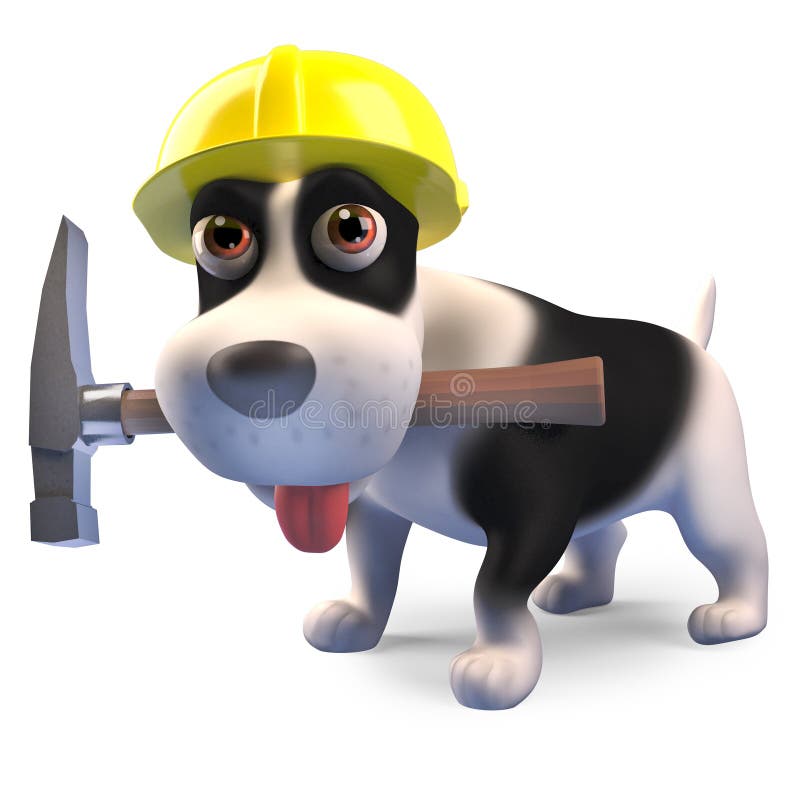 Cucciolo di cane del muratore con il martello ed il casco di sicurezza d'uso, illustrazione 3d royalty illustrazione gratis Cucciolo di cane del muratore con il martello ed il casco di sicurezza d'uso, illustrazione 3d royalty illustrazione gratis