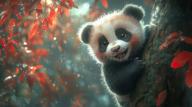 Cucciolo di panda adornato aggrappato a un tronco d'albero in una foresta autunnale circondata da foglie rosse e luce morbida illustrazione vettoriale