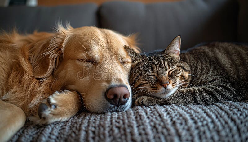 Cucciolo e gattino che giocano sul divano insieme generato da ai fotografia stock libera da diritti