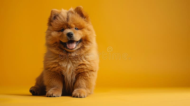 Cucciolo morbido seduto su uno studio giallo di sfondo. concetto di ritratti in PET immagini stock