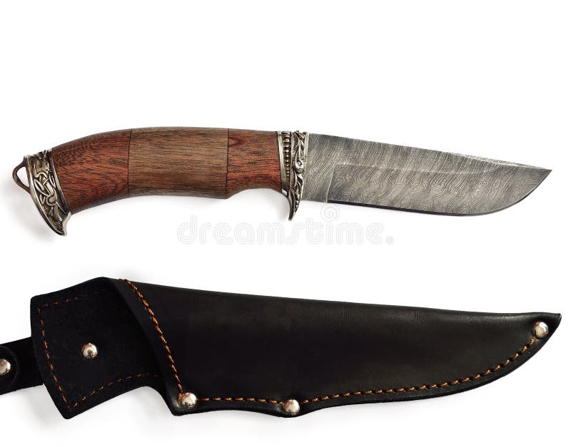 Cuchillo de caza con la manija de madera y la envoltura de cuero negra imagen de archivo Cuchillo de caza con la manija de madera y la envoltura de cuero negra imagen de archivo
