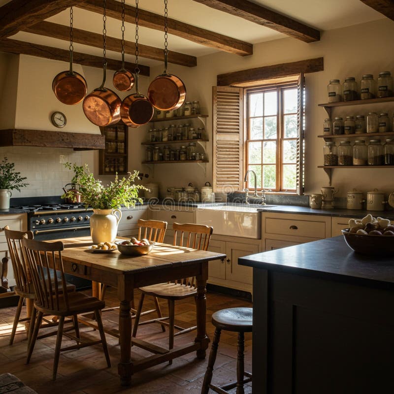 Cucina accogliente con fascino rustico, con fasci di legno e una serie di appese illustrazione di stock