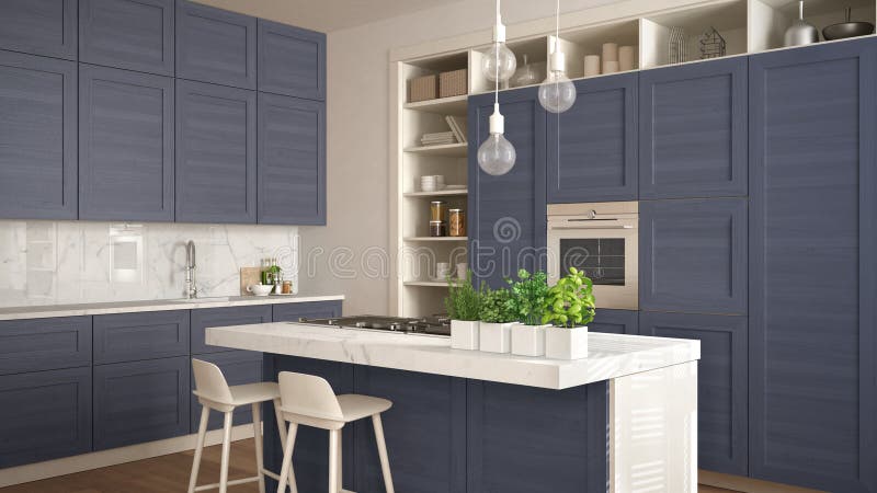 Cucina bianca moderna con i dettagli di legno blu in appartamento di lusso contemporaneo con il pavimento di parquet, retro inter