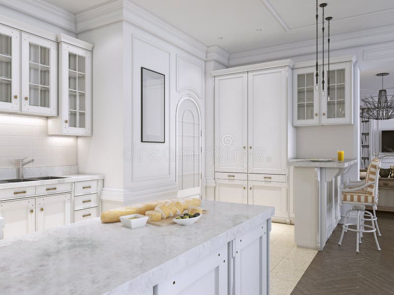 Cucina classica con i dettagli di legno e bianchi, interior design royalty illustrazione gratis Cucina classica con i dettagli di legno e bianchi, interior design royalty illustrazione gratis