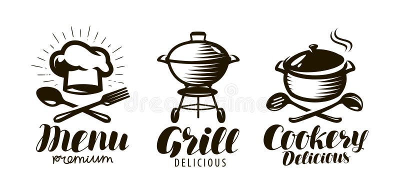 Cucina, griglia, logo del menu o etichetta Concetto dell'alimento Illustrazione di vettore dell'iscrizione illustrazione di stock