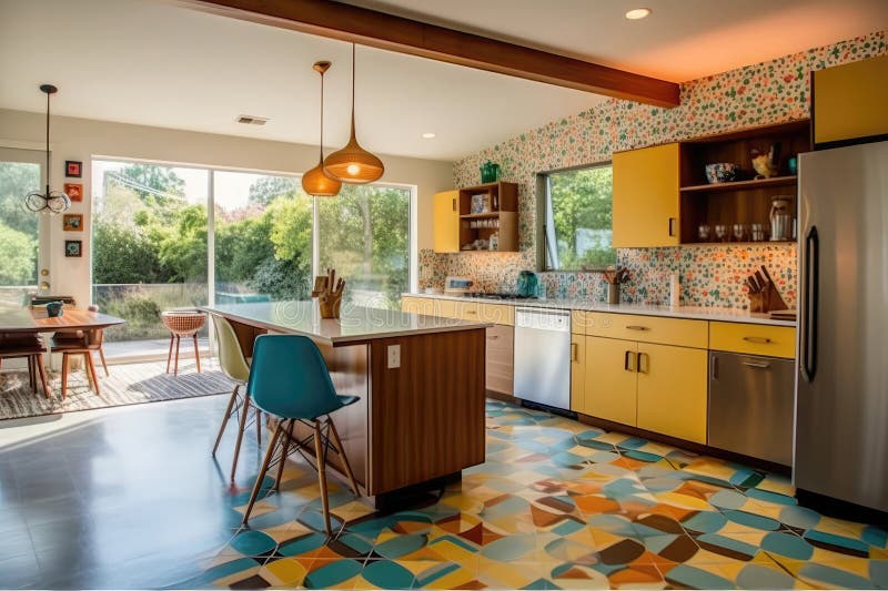Cucina moderna di midcentury century moderne con tegole colorate con accento e congegni retrati di metà secolo e design moderno de royalty illustrazione gratis