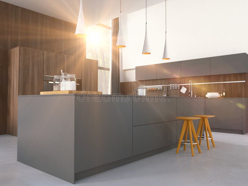 Cucina moderna in una casa o in un appartamento rappresentazione 3d fotografie stock libere da diritti Cucina moderna in una casa o in un appartamento rappresentazione 3d fotografie stock libere da diritti