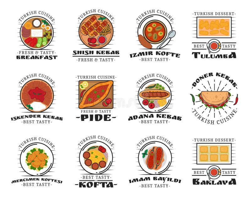 Cucina nazionale turca, icone dei piatti illustrazione di stock