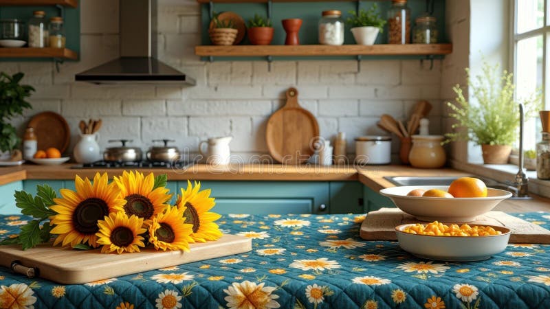 Cucina rustica lucida con bouquet di girasole e frutta fresca su tovaglia floreale fotografia stock