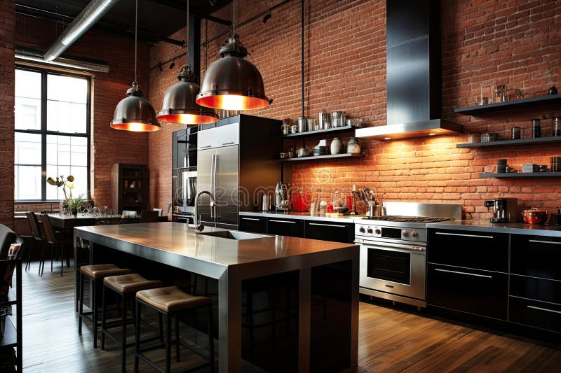 Cucina urbana con muri di mattoni esposti. cabine nere lucide a contrasto del mattone rosso. cabine nere lucide a contrasto con il mattone rosso, mentre sono generate una contropunta in acciaio inossidabile e luci a pendenza industriali.