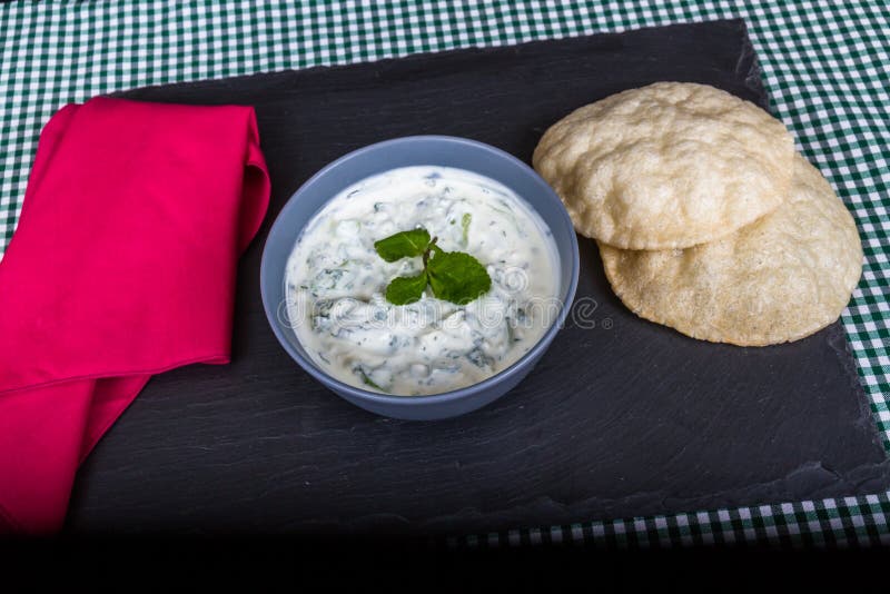Cucumber Salad with Greek Yogurt and Mint with Flatbreads Stock Image Image of turkish