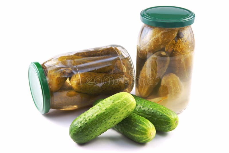 Cucumbers, Pickled and Canned in a jar, as well fresh loose