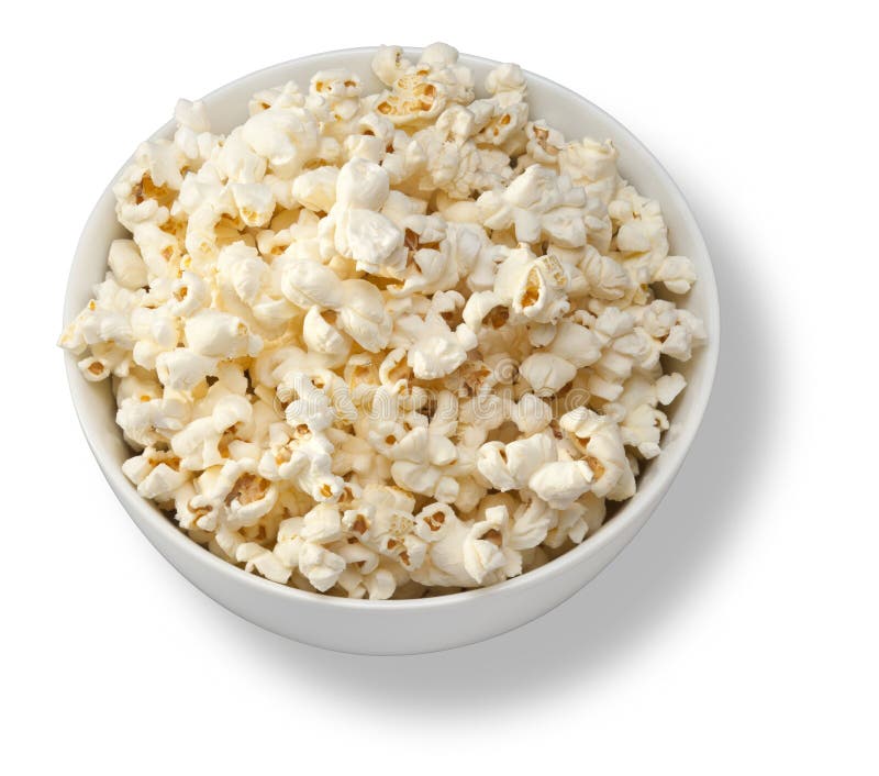 A white bowl of popcorn isolated on white. A white bowl of popcorn isolated on white
