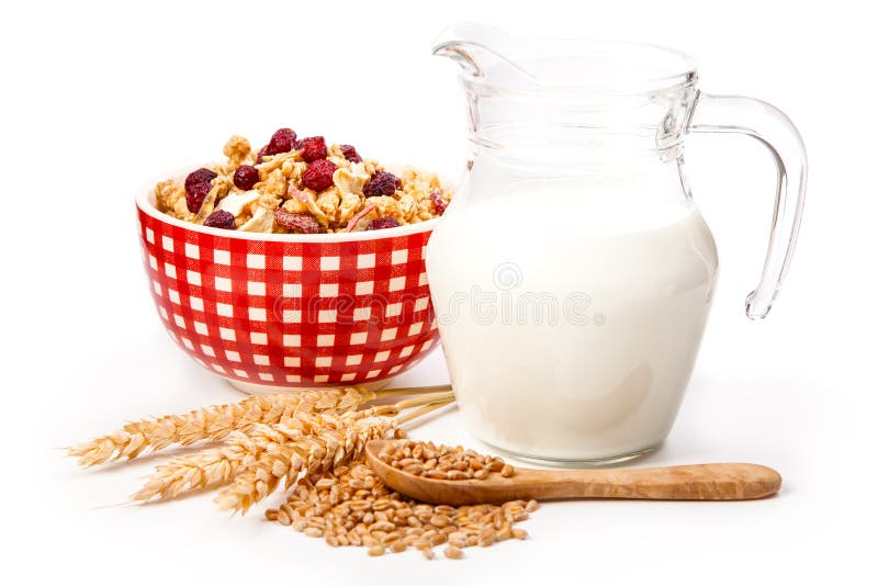 Cuenco de escama de la avena, y leche fresca fotografía de archivo Cuenco de escama de la avena, y leche fresca fotografía de archivo