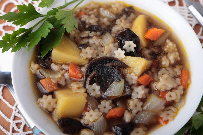 Cuenco de sopa secada del boleto con las pastas y las patatas imágenes de archivo libres de regalías