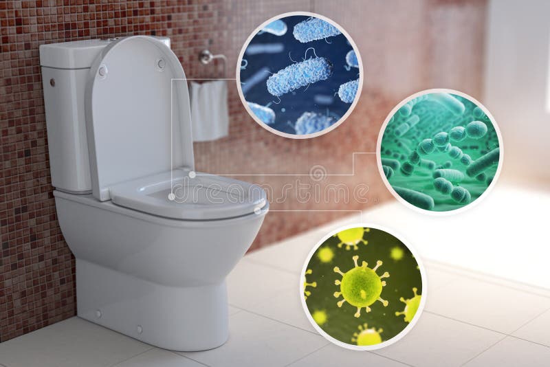 Cuencos higiénicos con diferentes tipos de bacterias, microbios y virus Concepto de higiene del inodoro